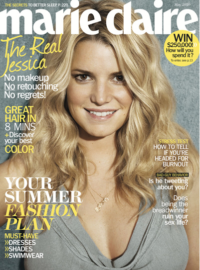 For the May cover of Marie Claire, Jessica Simpson went without makeup or 