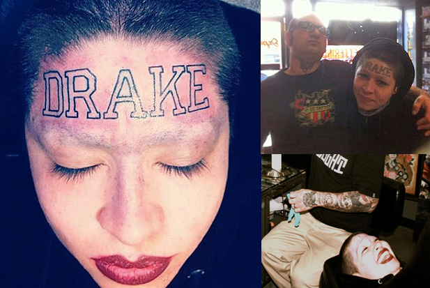  with Drake tattooed across her head in this super ugly block font