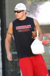 Nick Lachey  shows off his team's colors while out picking up some food from iL Tramezzino for wife and new mom Vanessa Minnillo