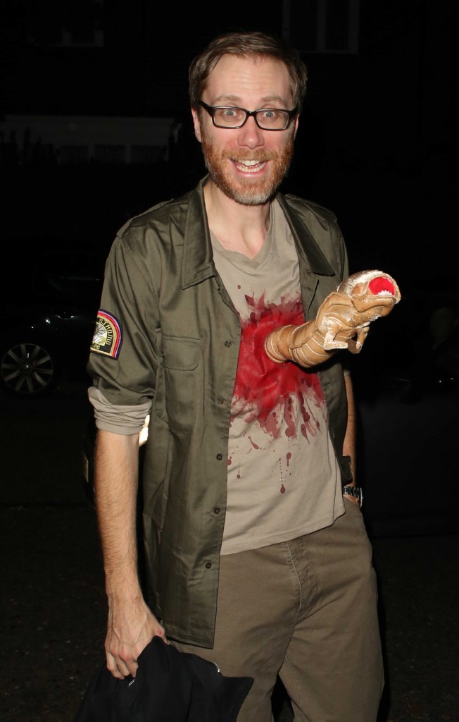 Stephen Merchant dressed as John Hurt from Alien, seen arriving at the Jonathan Ross Halloween Party in London