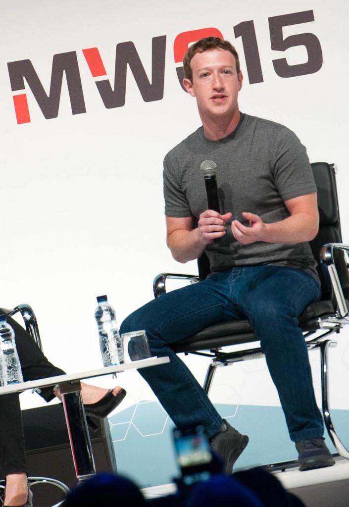 CEO of Facebook Mark Zuckerberg speaks at the Mobile World Congress 2015