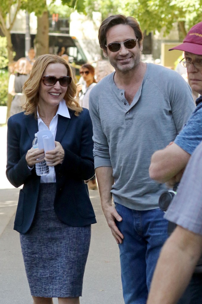 FIRST ON SET PHOTOS - David Duchovny and Gillian Anderson are joined by Joel McHale as they emerge on day 2 of filming 'The X-Files' reboot in Vancouver