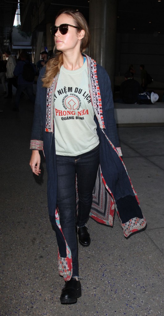 Brie Larson arrives on a flight to Los Angeles International Airport