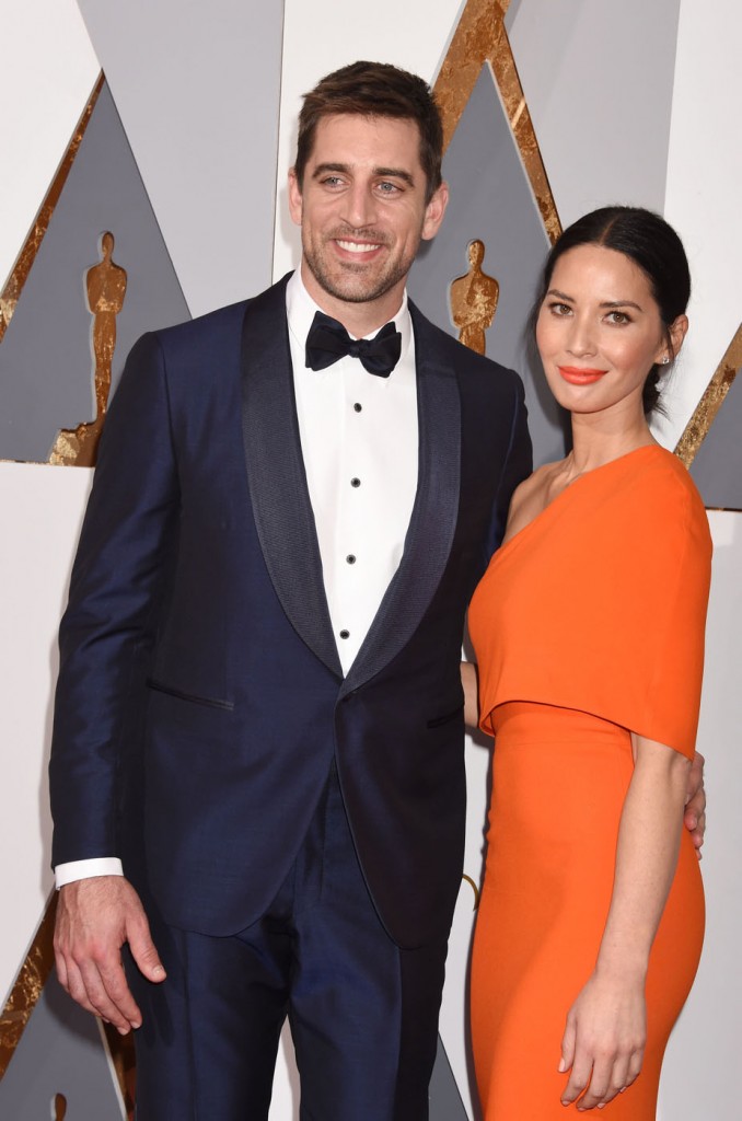 Actress Olivia Munn (R) and NFL player Aaron Rodgers attend the 88th Annual Academy Awards at Hollywood & Highland Center in Hollywood, California