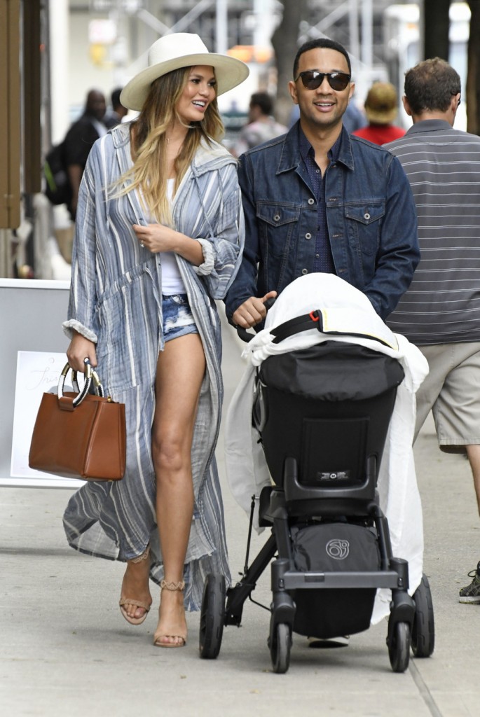 Chrissy Teigen and John Legend heads out to lunch with baby Luna at Il Buco restaurant in New York City