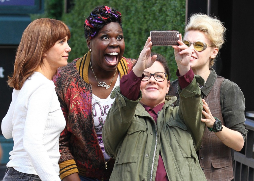 Kristen Wiig, Melissa McCarthy, Kate McKinnon and Leslie jones pictured on the set of the new 'Ghostbusters' filming at the old firehouse from the classic Ghostbusters movie in the TriBeCa neighborhood in Downtown Manhattan