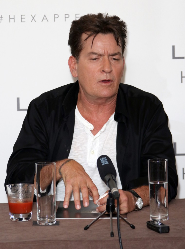 Charlie Sheen, the new ambassador for condom brand Lelo Hex, attends their European launch and press conference at The Westbury Hotel in London