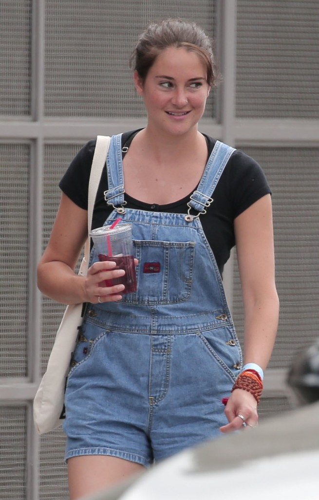 Shailene Woodley meets up with a friend and strolls around Venice dressed in short denim dungarees