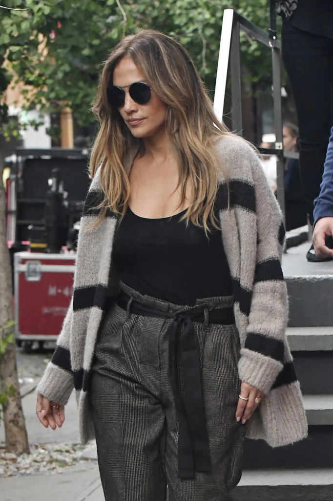 Jennifer Lopez seen leaving the set of her tv show Shades of Blue in the West Village in New York City