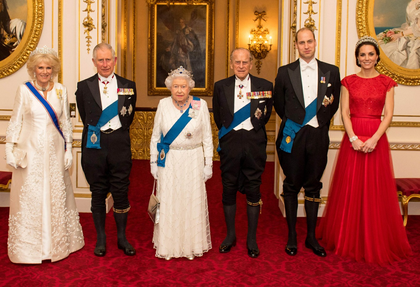 The Duchess of Cornwall, the Prince of Wales, Queen Elizabeth II, the Duke of Edinburgh and the Duke and Duchess of Cambridge attend the Diplomatic Corps reception at Buckingham Palace