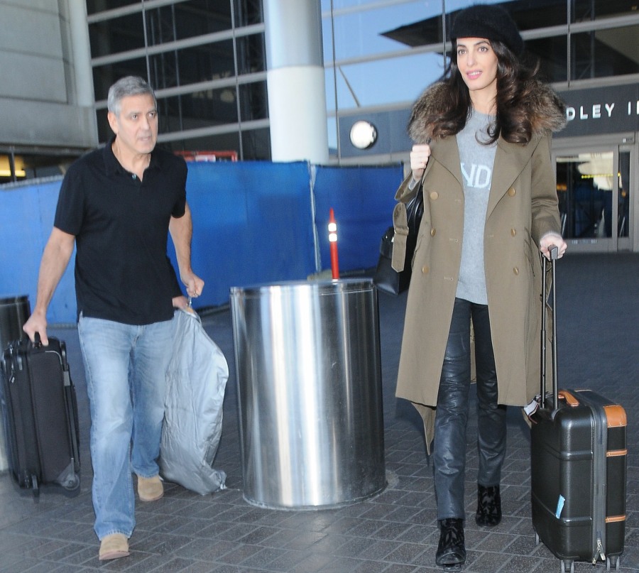 George Clooney & Pregnant Amal Alamuddin Arriving On A Flight At LAX