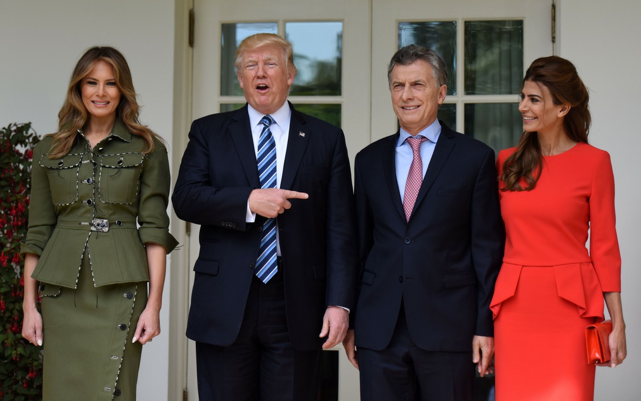 U.S. President Donald Trump and First Lady Melania Trump welcome President Mauricio Macri of Argentina and the First Lady of Argentina Juliana Awada at the White House