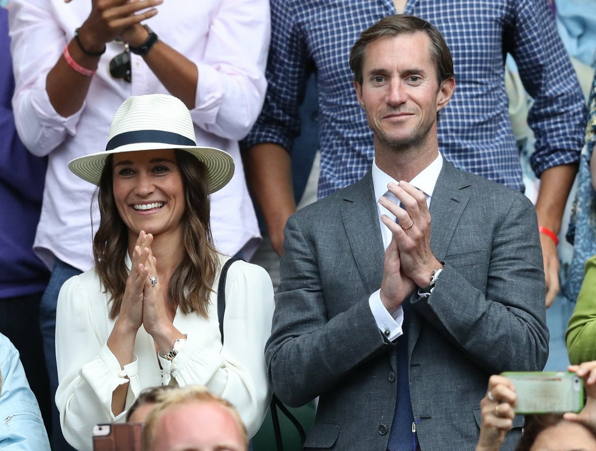 Pippa Middleton  and husband  James  celebrate  Roger  Federer wins on Men's Semi-final day at the Wimbledon Tennis Championships in London