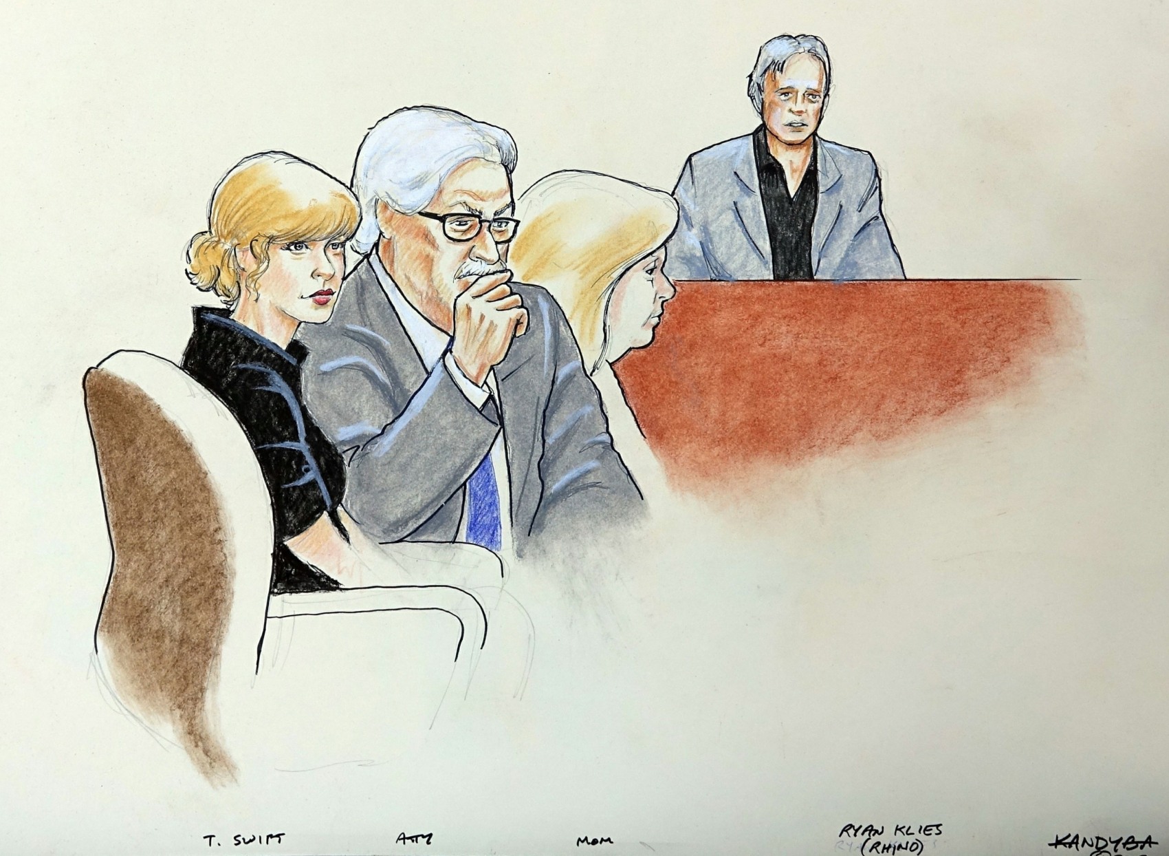 Sketches of Taylor Swift appearing in court
