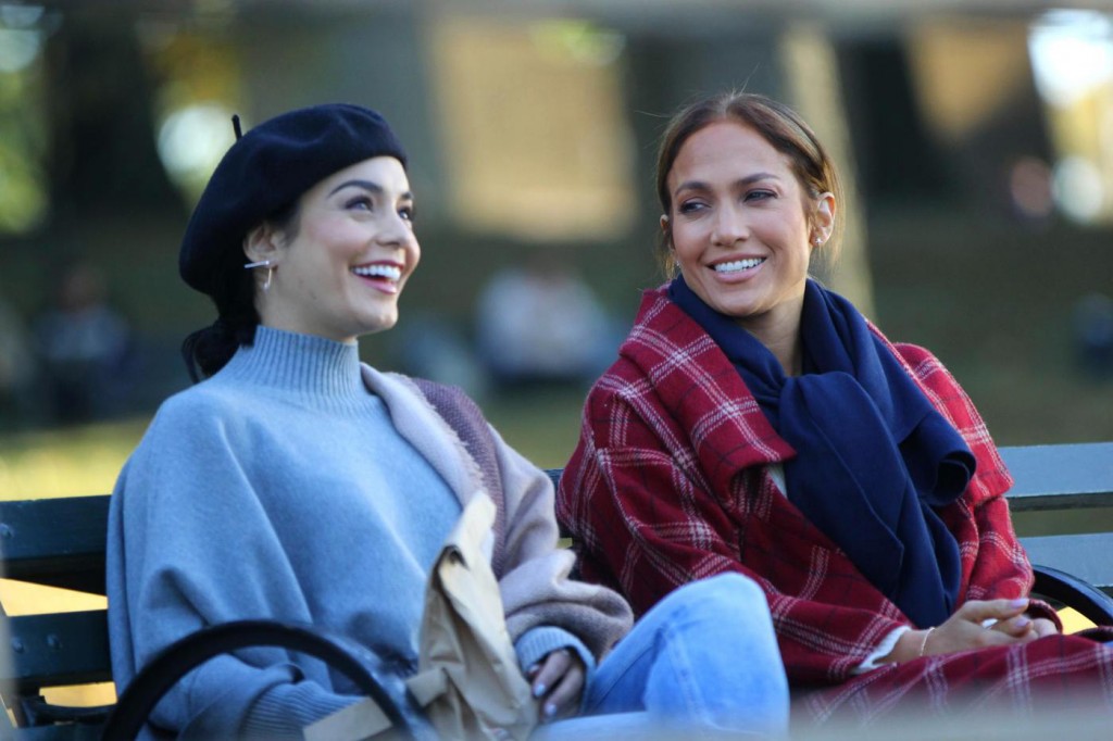 Jennifer Lopez and a beret-wearing Vanessa Hudgens film scenes for the movie 'Second Act'