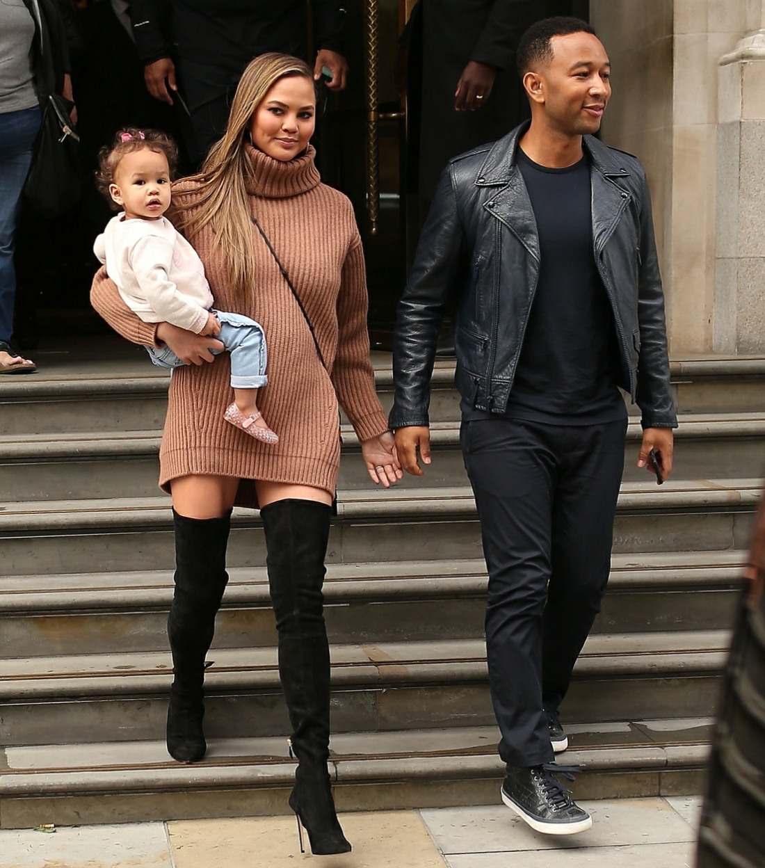 John Legend and Chrissy Teigen leave Corinthia Hotel with their daughter and head for a late lunch