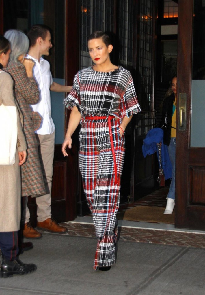 Kate Hudson leaving the Greenwich Hotel in a plaid onesie