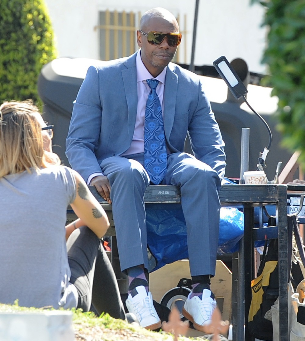 Comedian Dave Chappelle on the set of 'A Star Is Born' filming in downtown Los Angeles