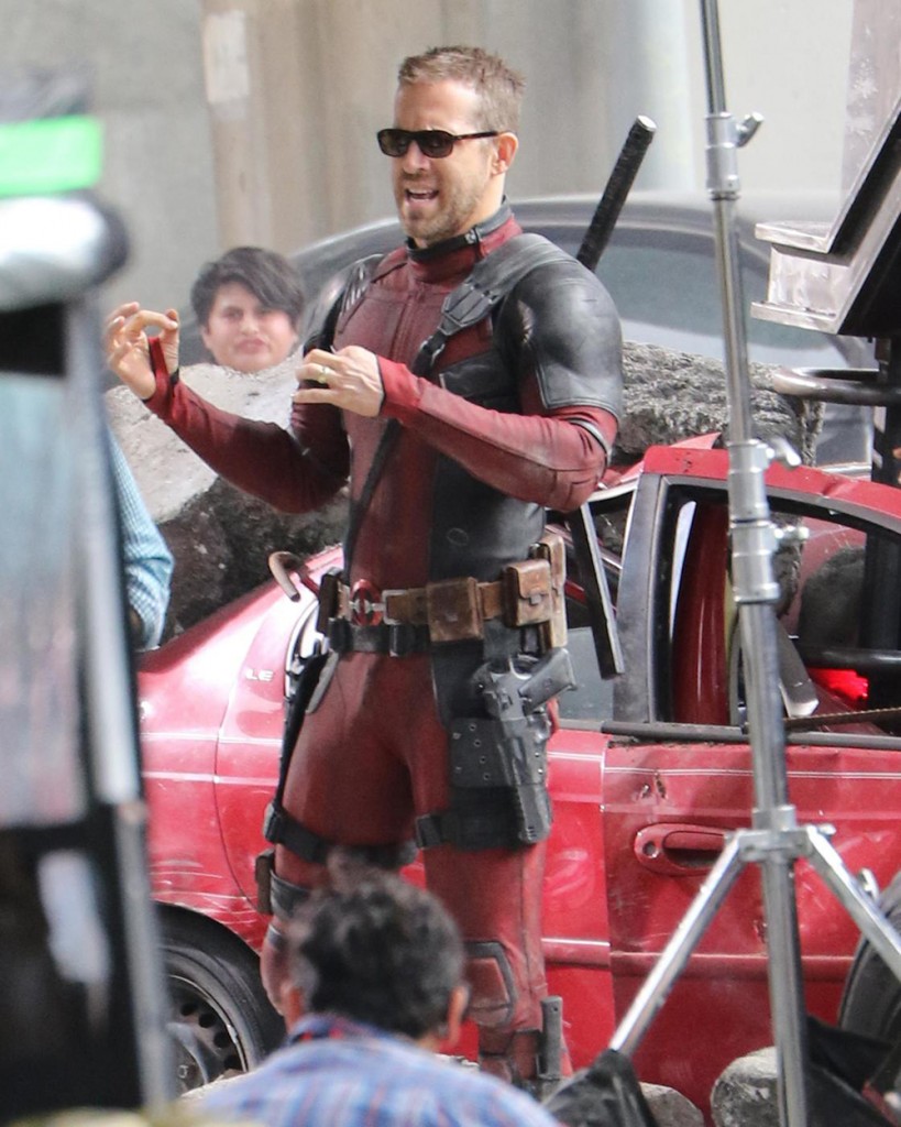 Ryan Reynolds takes time out of filming Deadpool 2 to come over and greet some fans while swinging his sword around for them