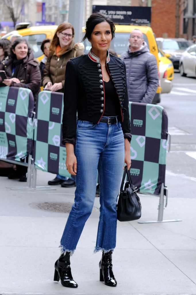 Padma Lakshmi greets fans as she arrives at AOL Build