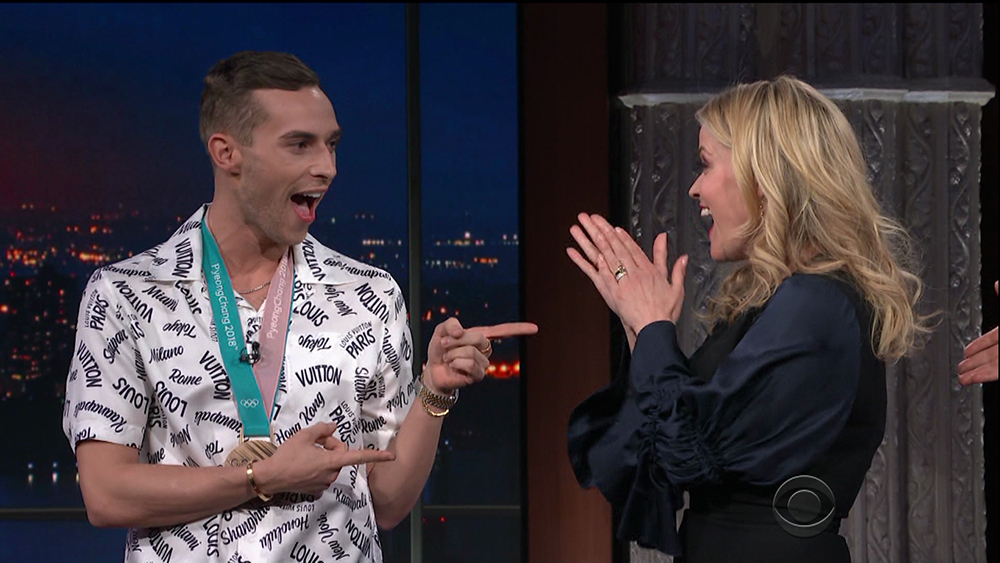 Reese Witherspoon and Adam Rippon during an appearance on CBS' 'The Late Show with Stephen Colbert.'