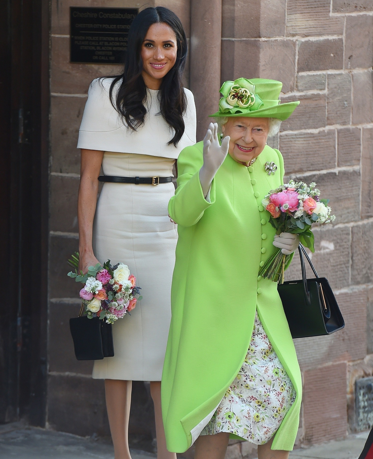 Duchess of Sussex and Queen Elizabeth seen leaving Chester City Council in Chester
