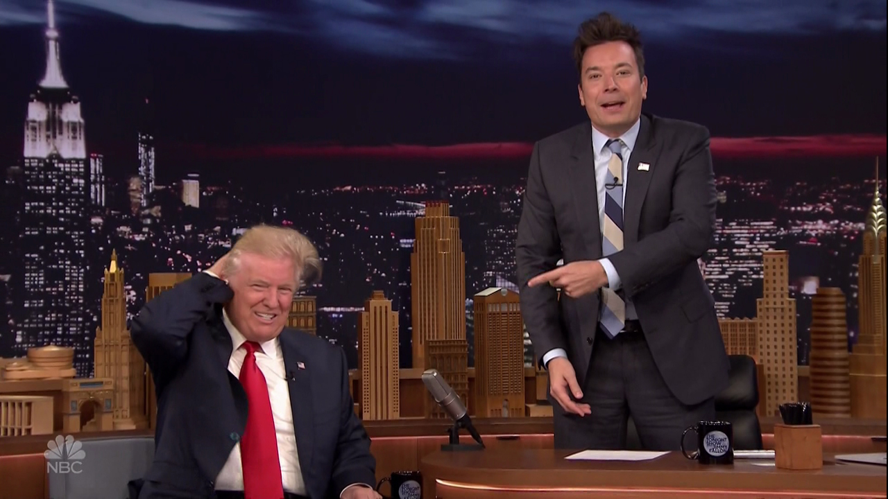 Donald Trump gets his hair messed up on NBC's 'The Tonight Show Starring Jimmy Fallon.'