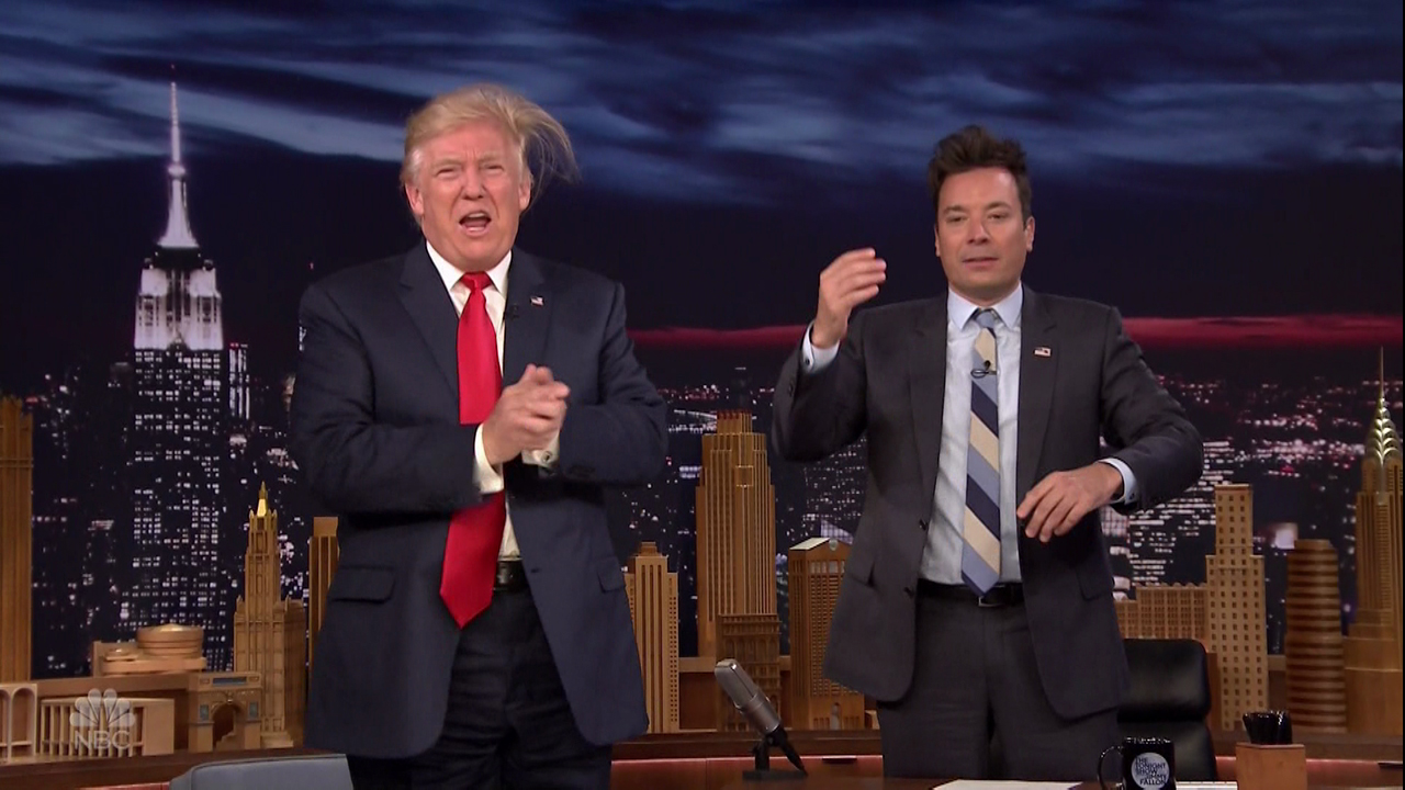 Donald Trump gets his hair messed up on NBC's 'The Tonight Show Starring Jimmy Fallon.'