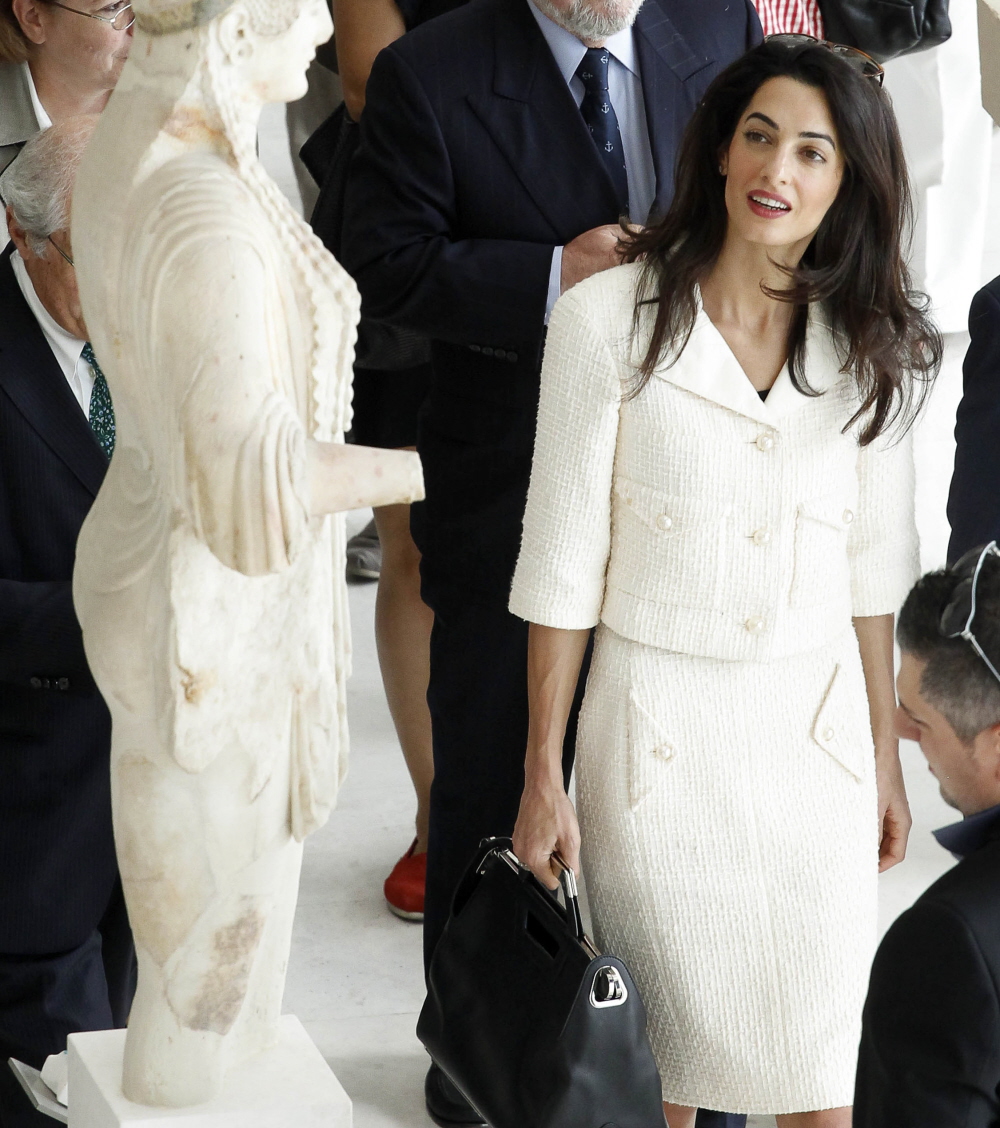 Amal Clooney wears white Chanel, speaks about her husband & the marbles...