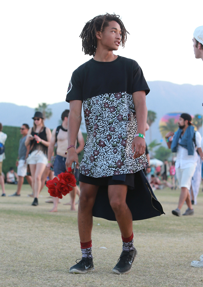 Jaden Smith rocked another dress & flowers in his hair at Coachella.