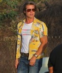 Brad Pitt is seen taking a break from filming "Once Upon A Time In Hollywood"