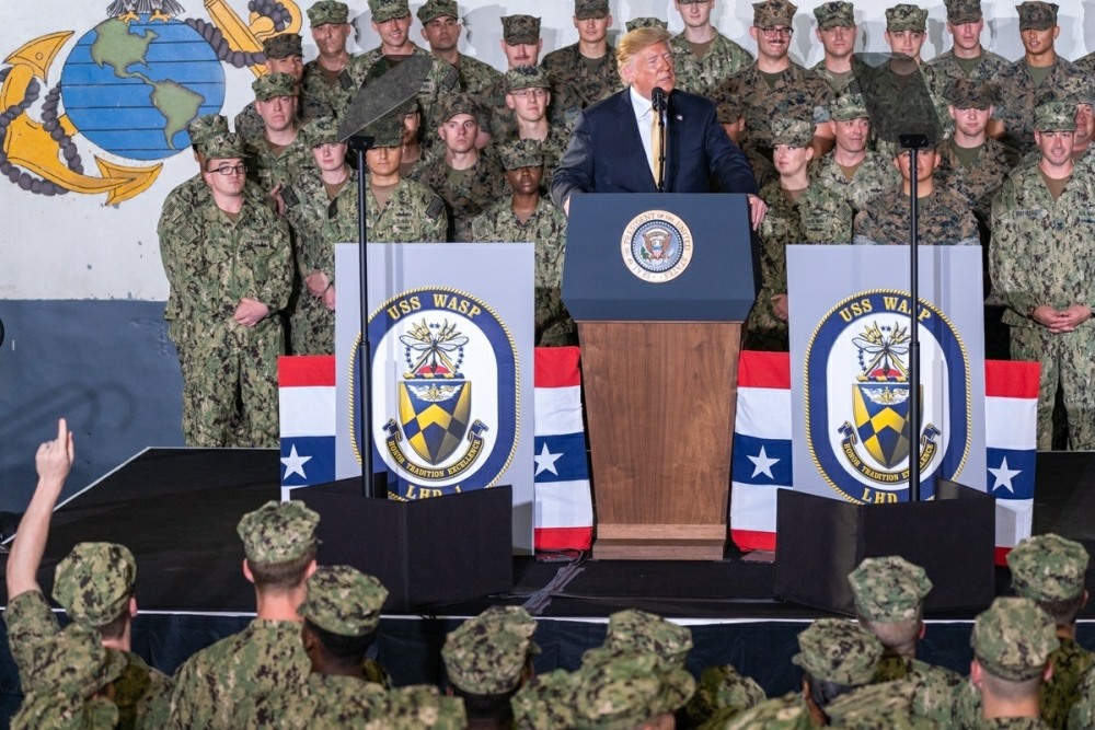 Donald Trump travels to the Wasp aircraft carrier at Yokozuna base in Japan
