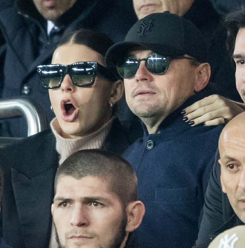 Leonardo DiCaprio and Camilla Morrone attend the Paris Saint-Germain vs Liverpool match in Paris