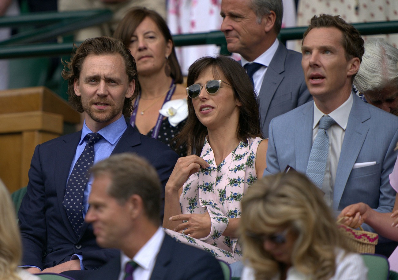 Tom Hiddleston and Benedict Cumberbatch watch the Wimbledon Men's Singles Final on Centre Court. London, United Kingdom - Sunday July 14th, 2019.