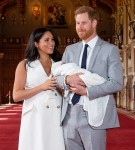 Prince Harry, Duke of Sussex and Meghan, Duchess of Sussex, pose with their newborn son