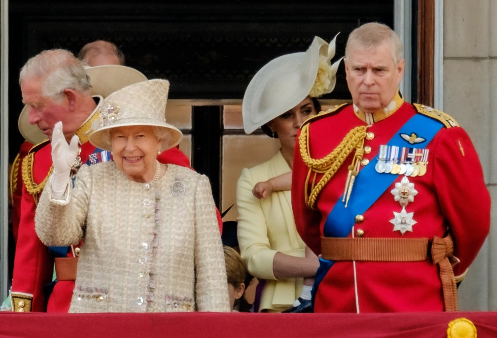 Her Majesty Queen Elizabeth II leads the royal family out on the balcony to view the flypast by the RAF at Trooping the Colour on Saturday 8 June 2019