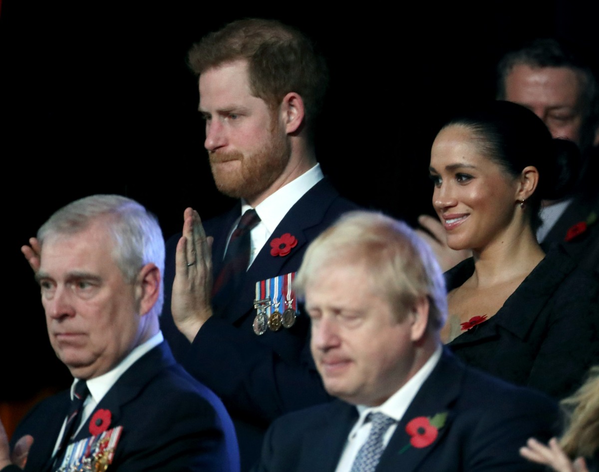 (L-R) Prince Harry, Duke of Sussex, Meghan, Duchess of Sussex, Prime Minister, Boris Johnson and Carrie Symonds attend the annual Royal British Legion Festival of Remembrance at the Royal Albert Hall on November 09, 2019 in London, England.