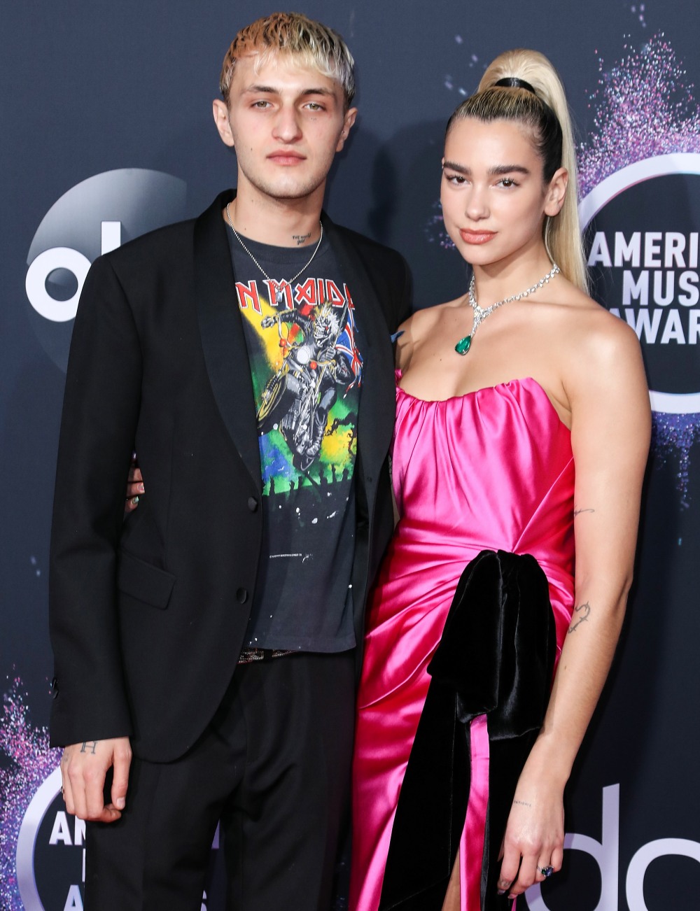 Anwar Hadid and girlfriend/singer Dua Lipa arrive at the 2019 American Music Awards held at Microsoft Theatre L.A. Live on November 24, 2019 in Los Angeles, California, United States.