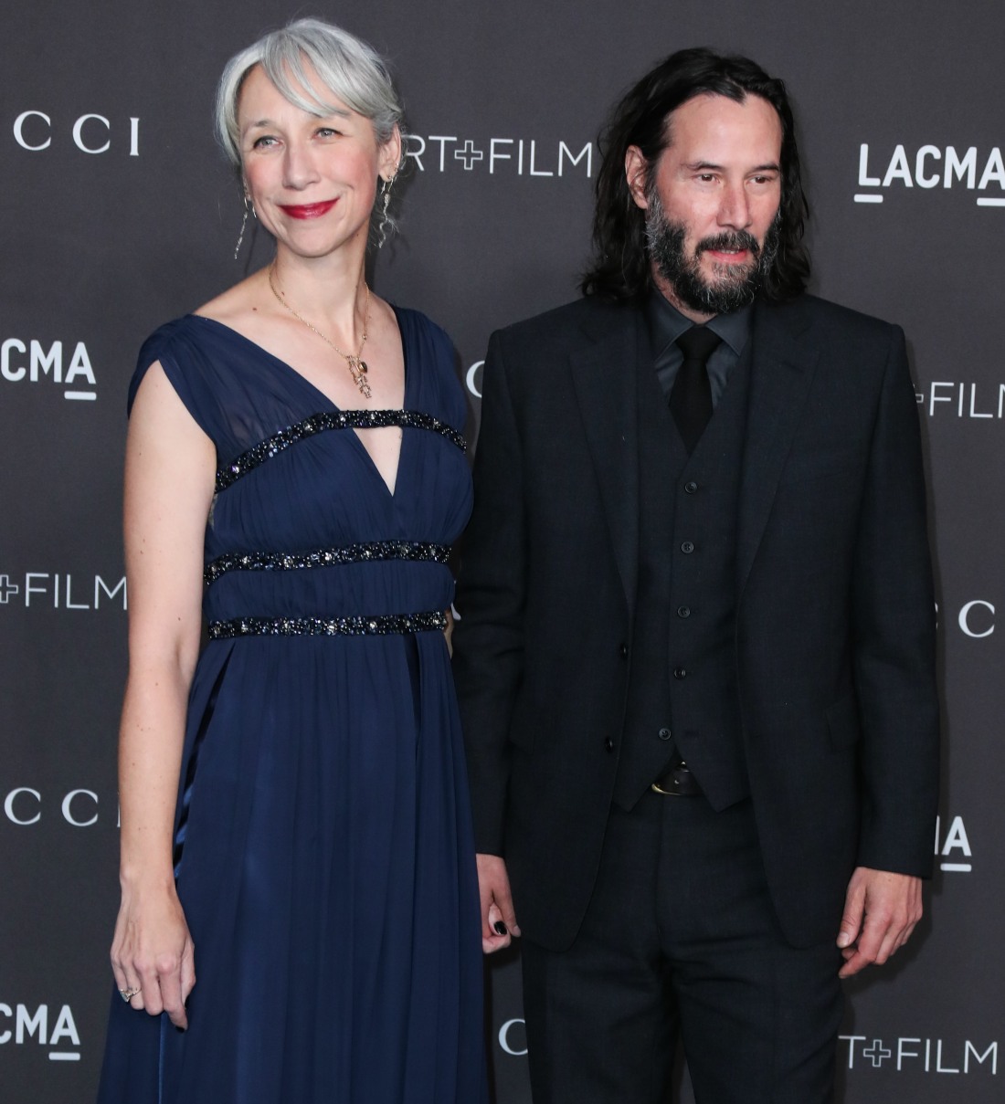 Alexandra Grant and Keanu Reeves arrive at the 2019 LACMA Art + Film Gala held at the Los Angeles County Museum of Art on November 2, 2019 in Los Angeles, California, United States.