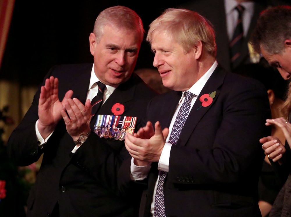 Prince Andrew, Duke of York and Prime Minister, Boris Johnson attend the annual Royal British Legion Festival of Remembrance at the Royal Albert Hall on November 09, 2019 in London, England.