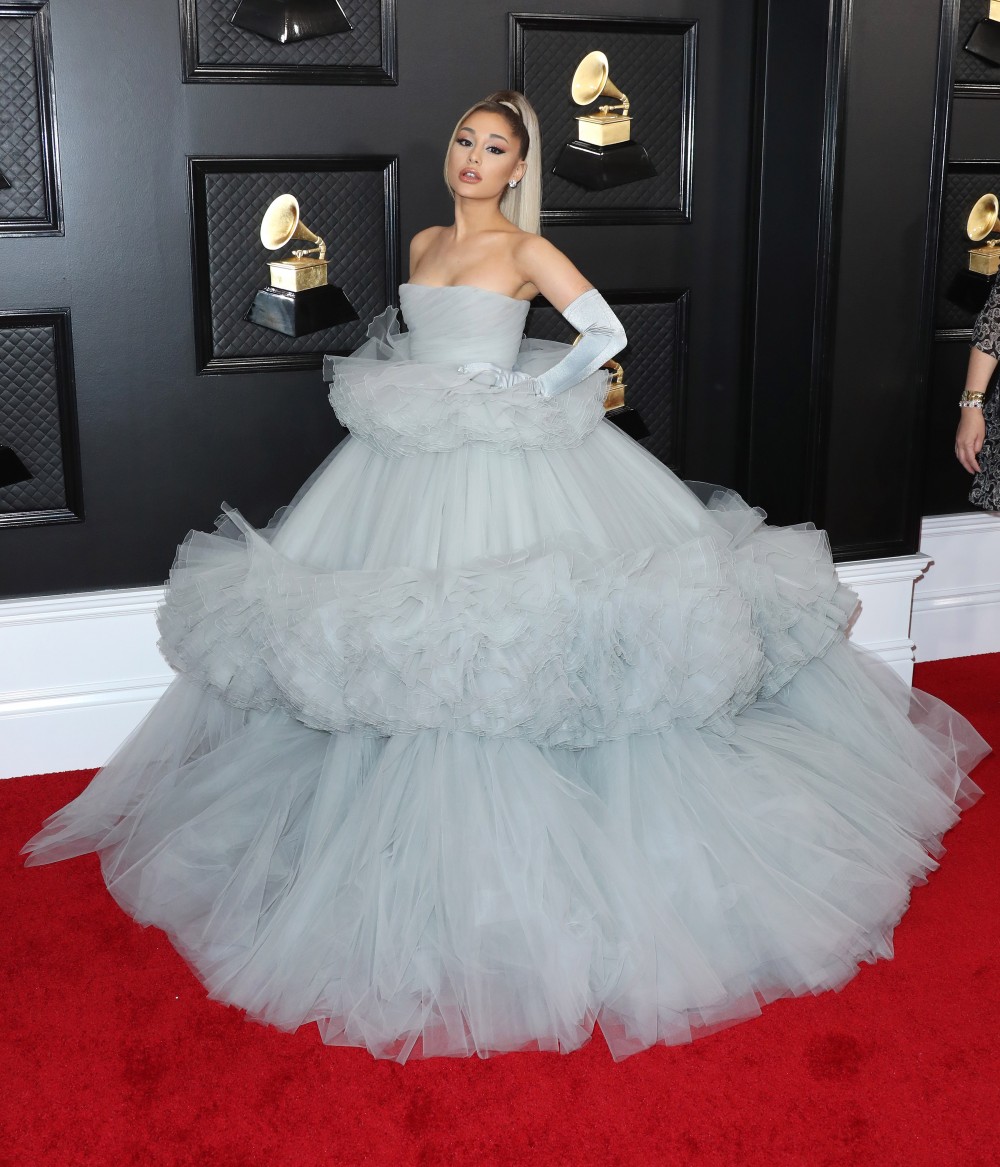 Singer Ariana Grande wearing a custom Giambattista Valli dress with Christian Louboutin shoes arrives at the 62nd Annual GRAMMY Awards held at Staples Center on January 26, 2020 in Los Angeles, California, United States.