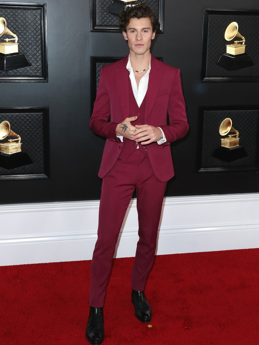 Singer Shawn Mendes wearing a Dundas dress, Giuseppe Zanotti shoes and Lorraine Schwartz jewelry arrives at the 62nd Annual GRAMMY Awards held at Staples Center on January 26, 2020 in Los Angeles, California, United States.