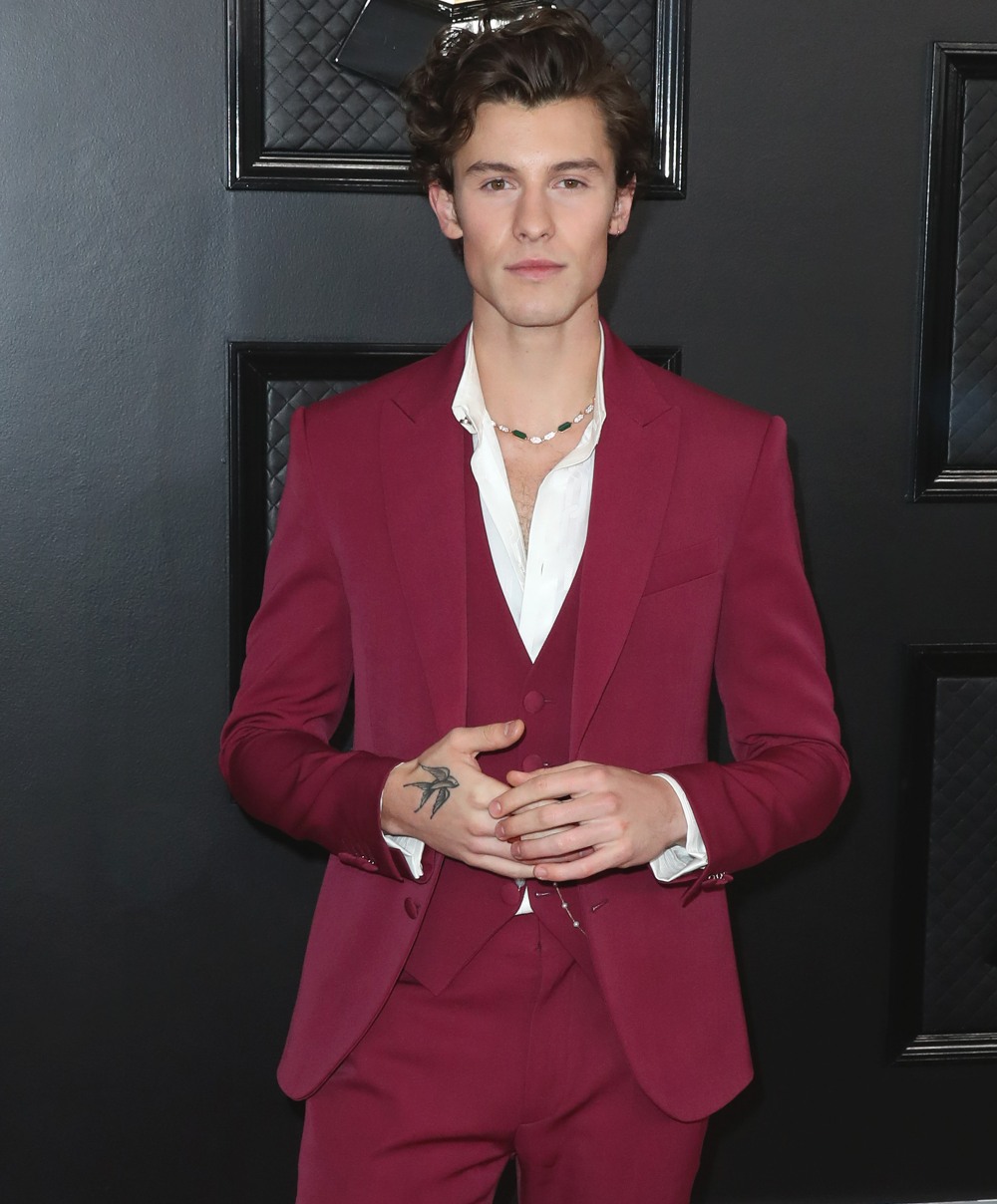 Singer Shawn Mendes wearing a Dundas dress, Giuseppe Zanotti shoes and Lorraine Schwartz jewelry arrives at the 62nd Annual GRAMMY Awards held at Staples Center on January 26, 2020 in Los Angeles, California, United States.