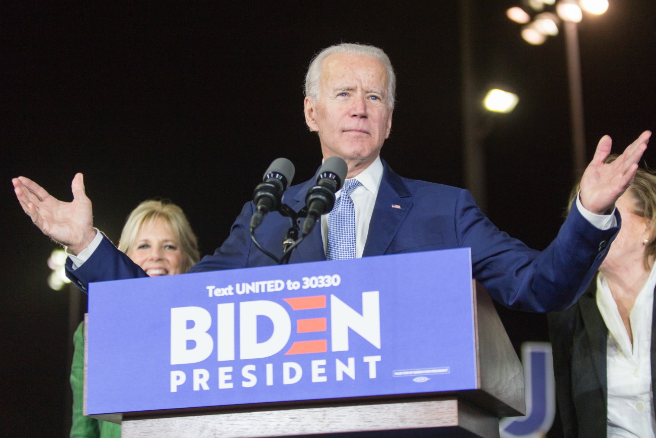 Former Vice President Joe Biden, 2020 Democratic presidential candidate, speaks while his wife Jill...