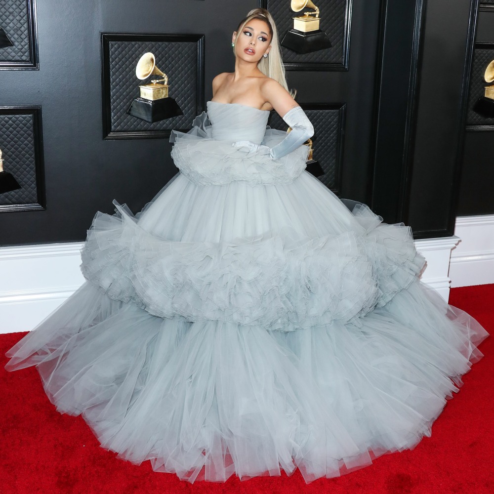 Singer Ariana Grande wearing a custom Giambattista Valli dress with Christian Louboutin shoes arrives at the 62nd Annual GRAMMY Awards held at Staples Center on January 26, 2020 in Los Angeles, California, United States.