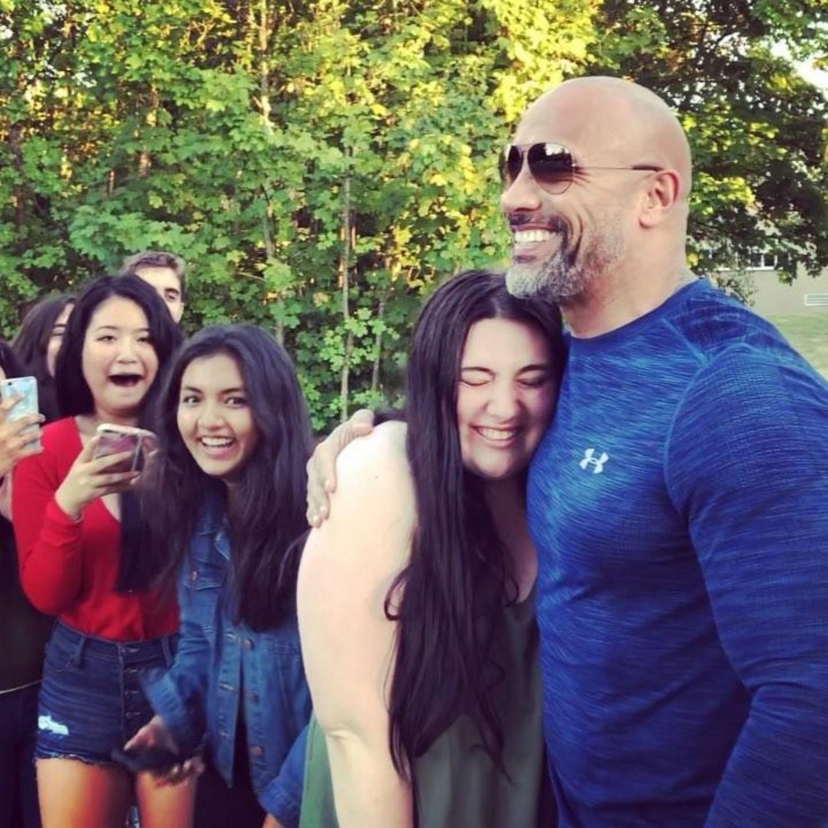 Dwayne Johnson (/ 28.09.2017): "Tears and all. Bottom line, Im a grateful and lucky SOB to have the greatest fans on earth. Time is my most valued currency these days and Im always on the go, so I appreciate these students (or anyone for that matter) taking time out of their busy lives to wait patiently for hours while I finished up our #SkyscraperMovie production on the campus of University of British Columbia. I just love my guy in the back of the group jumping up and down like he just slammed a Rock size amount of caffeine and tequila. Good to meet yall. Keep working hard in school and dont be like Uncle DJ and get placed on academic probation after his first semester in college. #UBCLuv #GratefulMan ***editors note: for the record, Uncle DJ bounced back and became Academic Captain two years later of our beloved Miami Hurricane football team. Supplied by Instagram.com/face to face