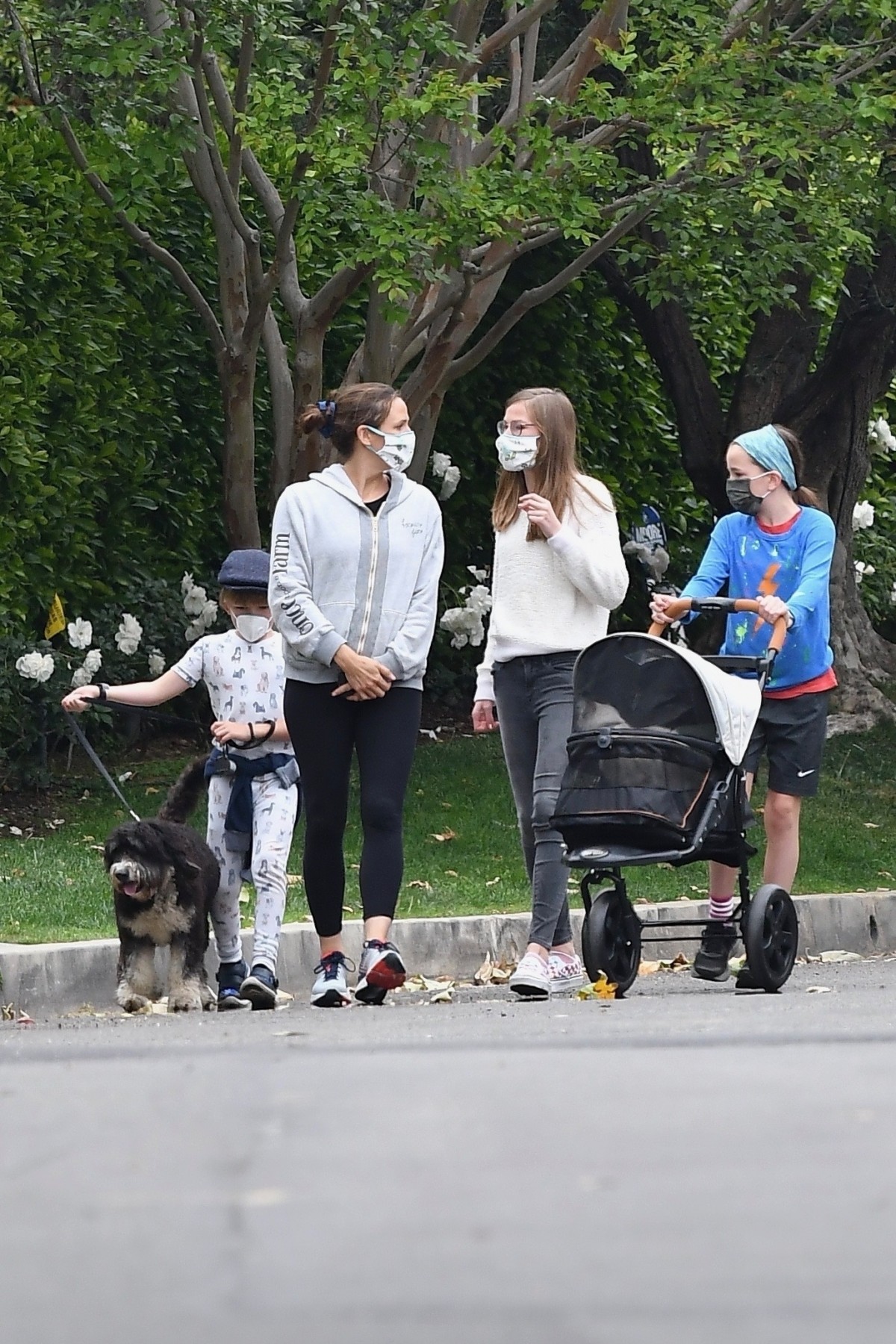 Jennifer Garner goes for a walk with her kids and the family pets