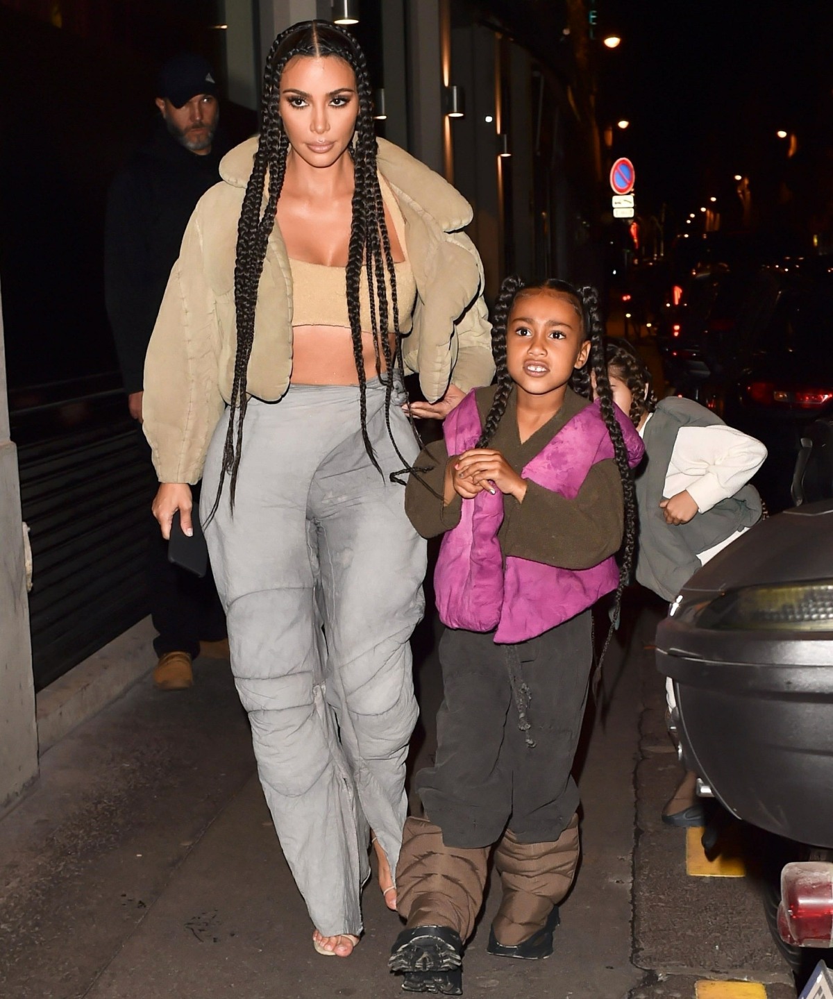 Kim Kardashian arrives at the Kanye West after party with daughter North West and sister Kourtney Kardashian