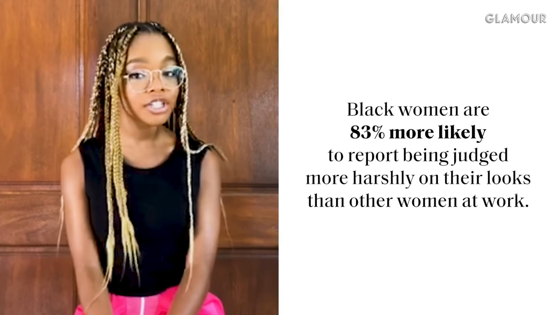 Marsai Martin with the caption 'Black women are 83% more likely to report being judged more harshly on their looks than other women at work.'