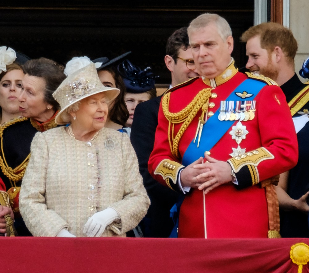 Her Majesty Queen Elizabeth II and the royal family enjoy a flypast by the RAF at Trooping the Colour on Saturday 8 June 2019